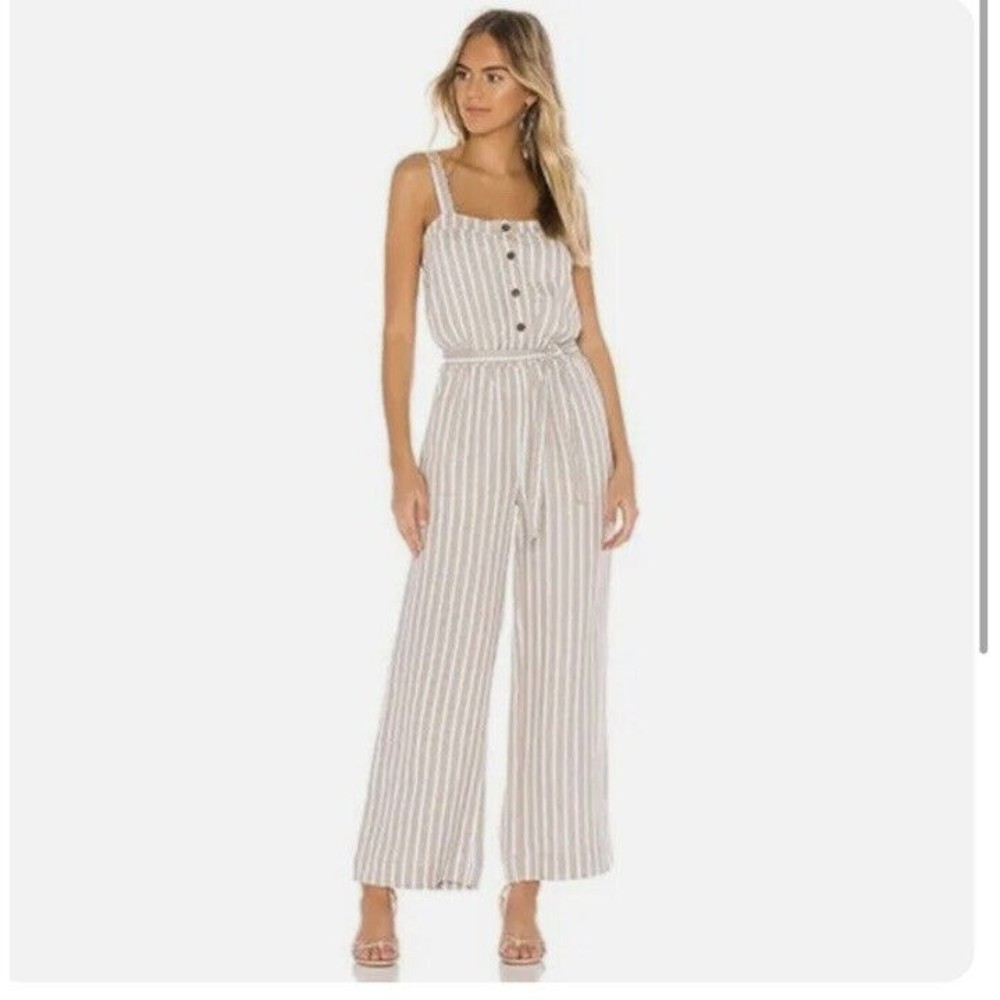 Chaser Wide Leg Tie‎ Waist Jumpsuit Tan, White Stripe Extra Small NWT Miss Belt